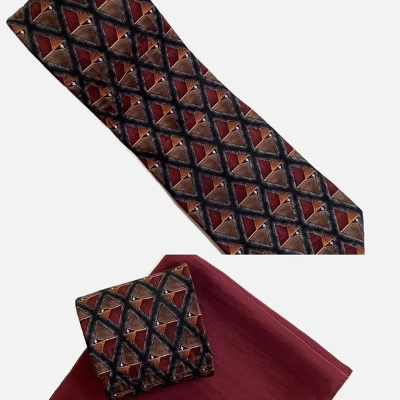 OSCAR DE LA RENTA Burgundy Foulard Silk Tie & Pocket Square - Picture 2 of 15